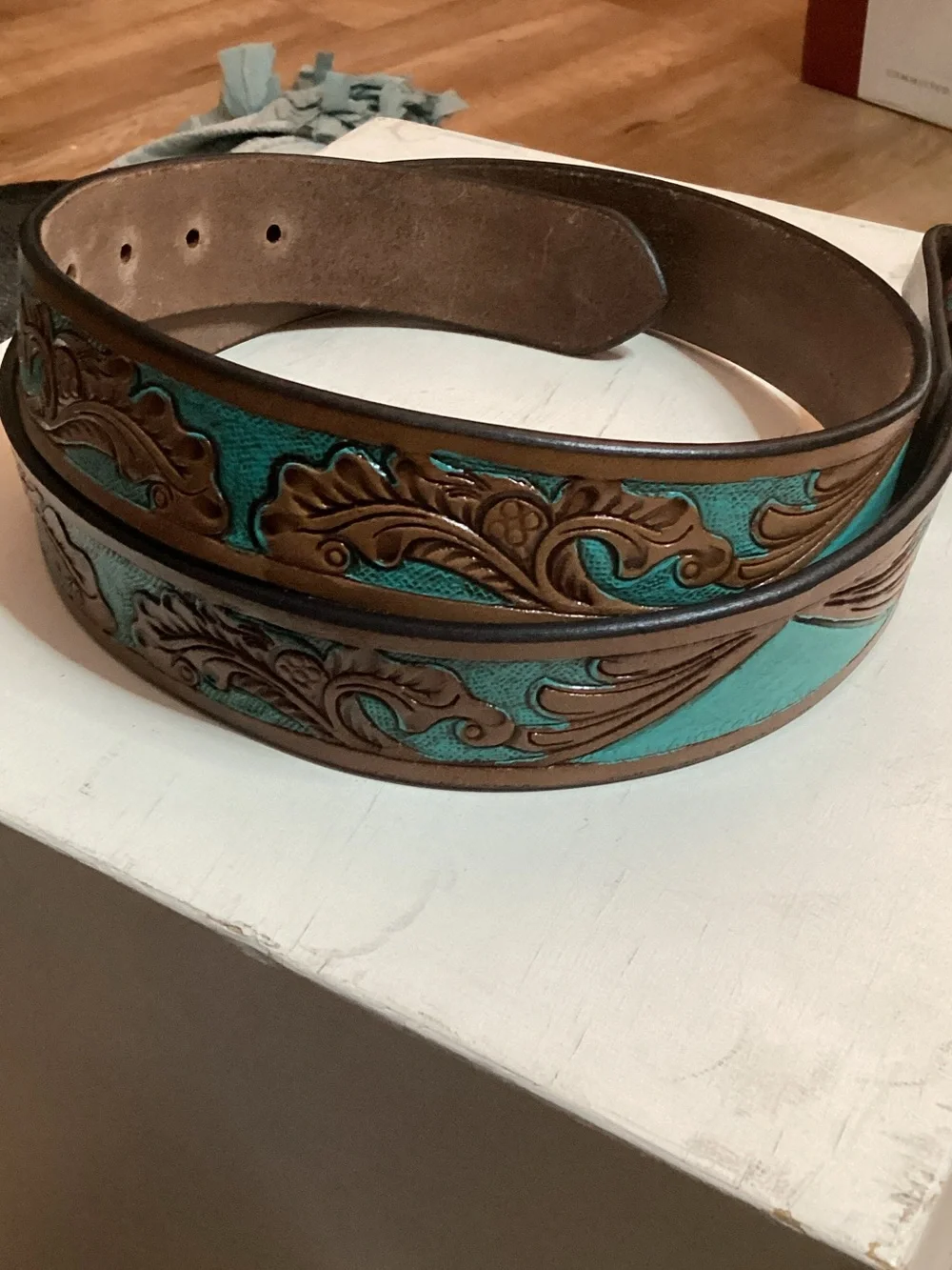 Turquoise Tooled Leather Belt with Decorative Buckle - size 36-38